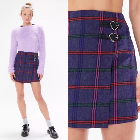 Lazy Oaf Purple Plaid Mini Skirt w/ Heart Buckles UK: 6 USA:2 - Picture 2 of 15